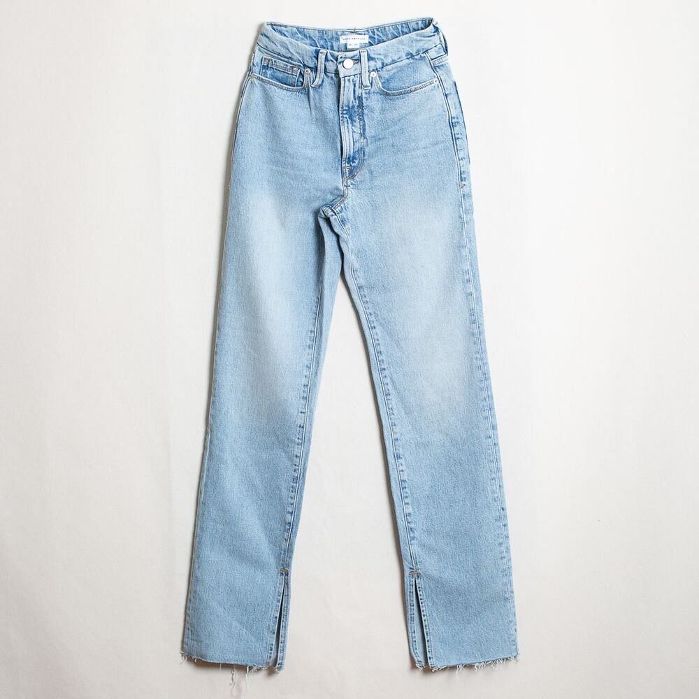 Good American High Rise Flare Jean Light Wash Raw Hem Size 00/24 Never Worn
